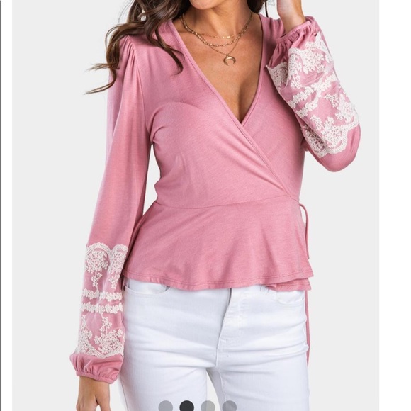 n/a Tops - Embroidered Sleeve Wrap Top